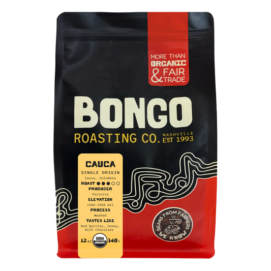 Bongo Roasting Co. coffee bag with black, red, and yellow design on a white background