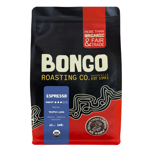 Bongo Roasting Co. coffee bag with black, red, and blue design on a white background